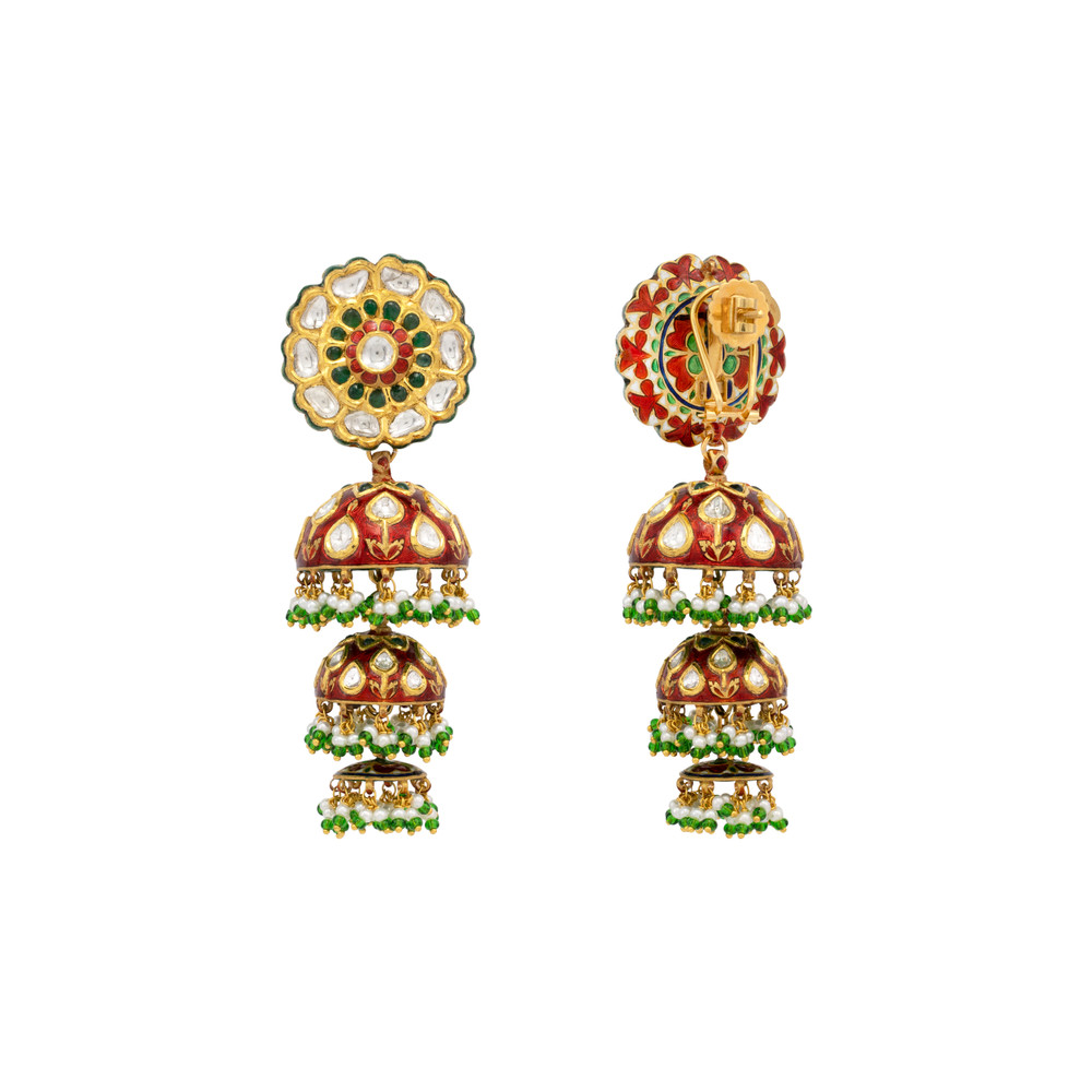Triple-Tier Red Meenakari Jhumkis with Polki and Green Beads
